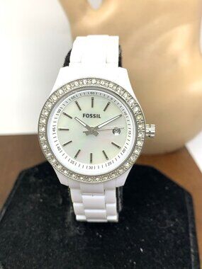 Fossil Women's Watch ES2437 Quartz Mother of Pearl Dial White Resin Band 30mm